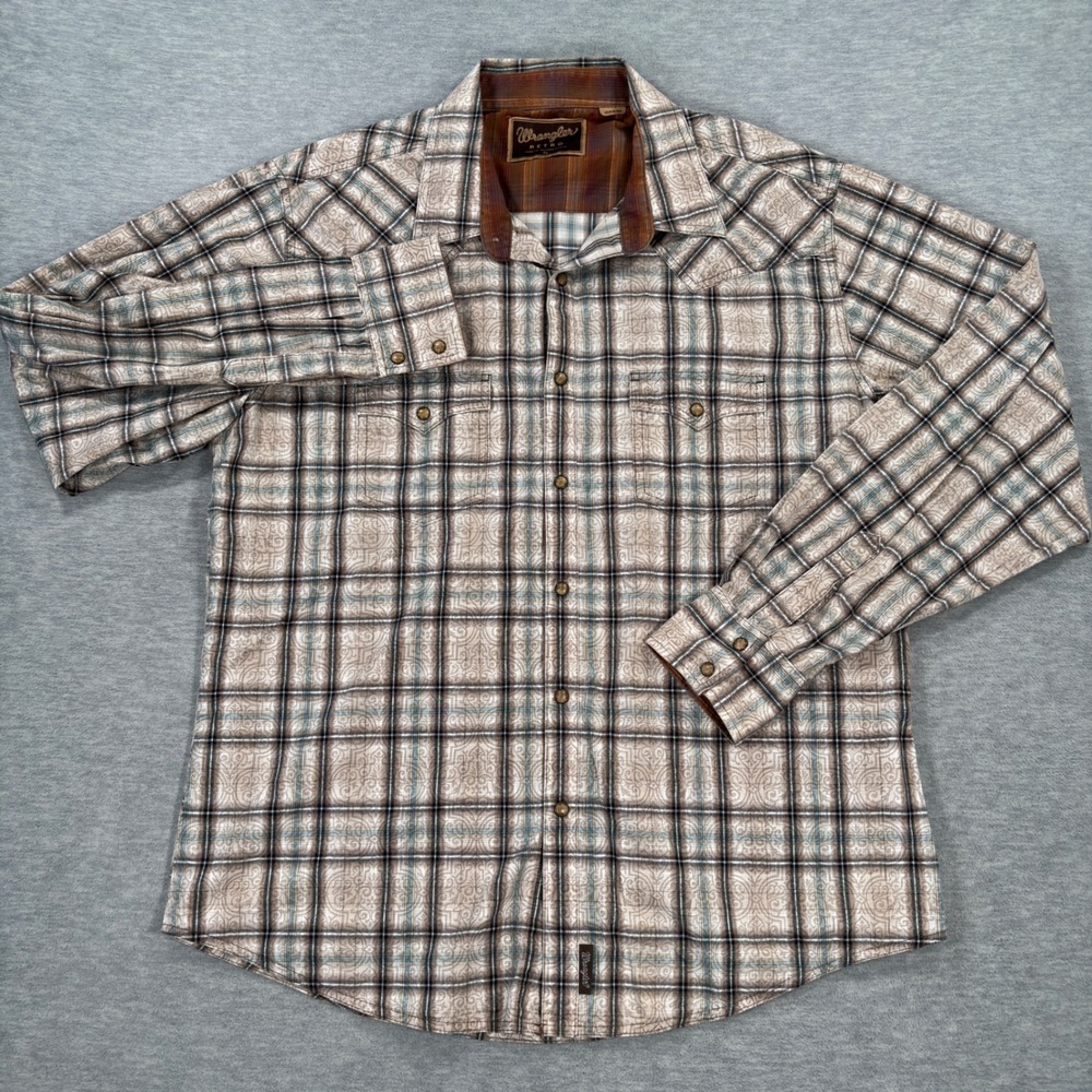 Wrangler Retro Mens XL Tan Brown Plaid Paisley Pearl Snap Western Shirt MVR169M - Picture 4 of 10